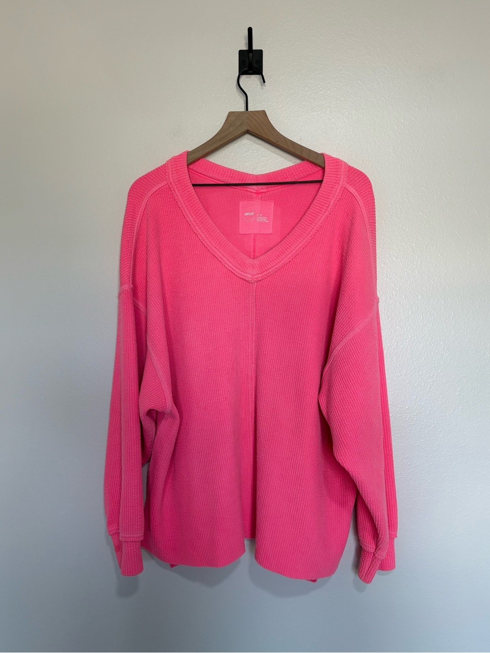 Aerie Wonder Oversized Textured Knit V-Neck Slouchy Sweatshirt Lounge Pink XL - Picture 2 of 7